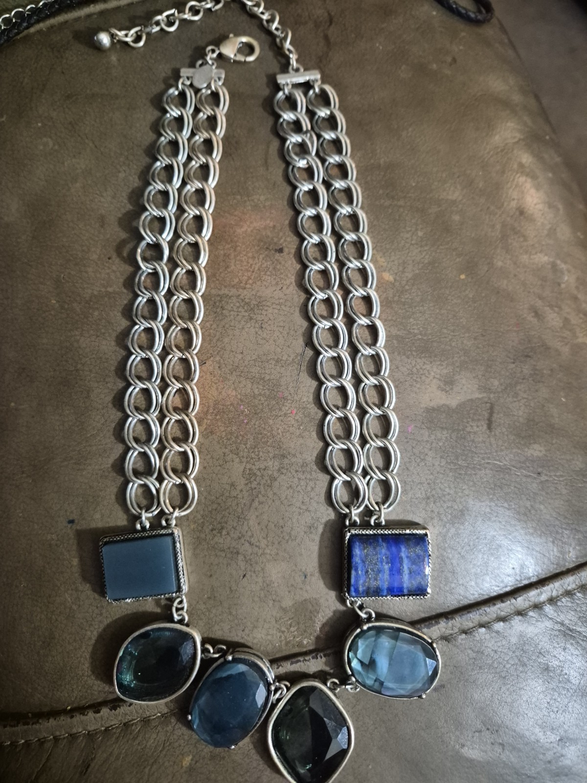 Chico’s Signed Blue Statement Necklace Chunky Silver Multi Strand Vintage 18″-21