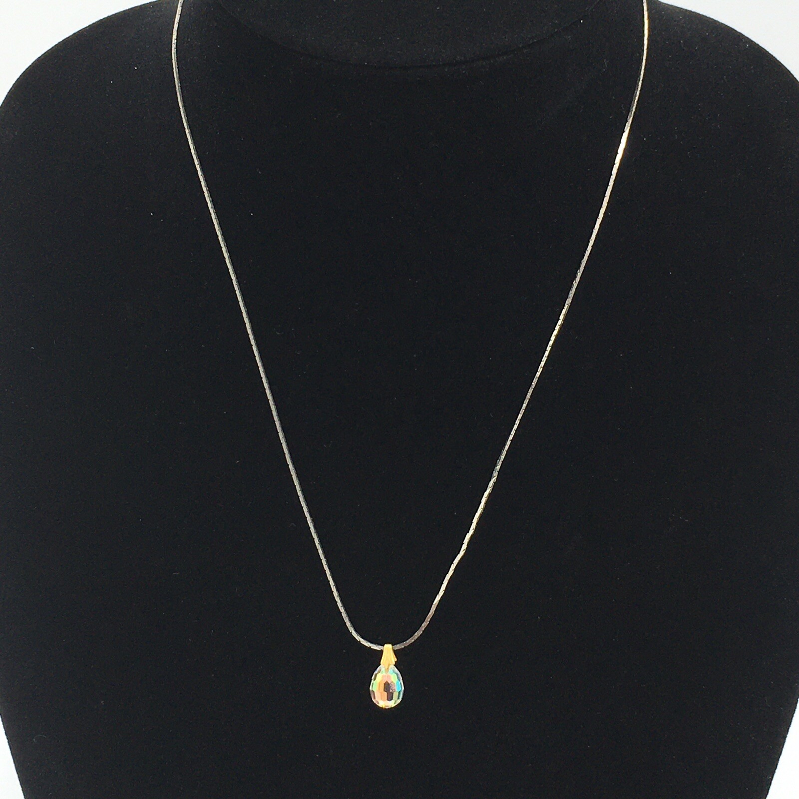 18” Silver Tone Chain Teardrop Faceted Prism GlassCrystal Bead Pendant Necklace