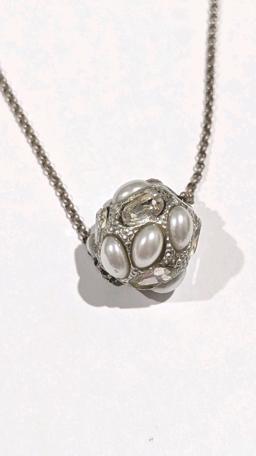 Designer Signed M Sterling Silver Crystal Faux Pearl Slide 18″ Necklace