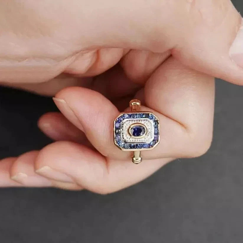 Art Deco Vintage Style Lab Created Diamond & Sapphire Wedding 14K Gold FN Ring