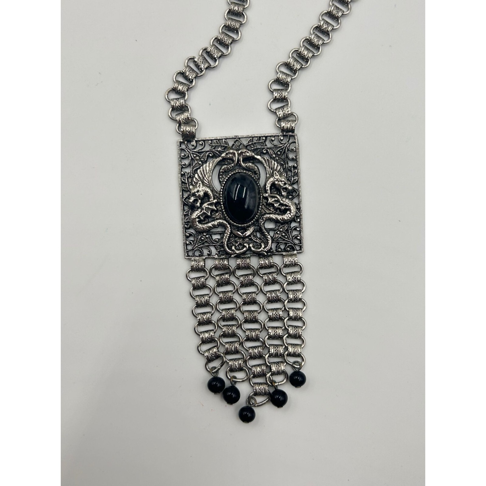 Signed EDLEE Vintage Necklace Silver Tone Dragons Ornate Bookchain Beads Dangles