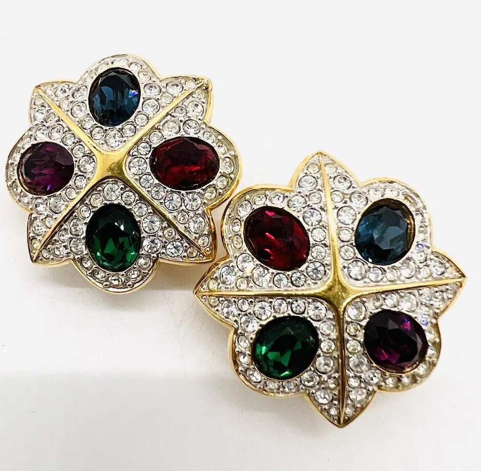 SWAROVSKI Multicolored Jewel Tone Crystal Earrings Signed Vintage Jewelry