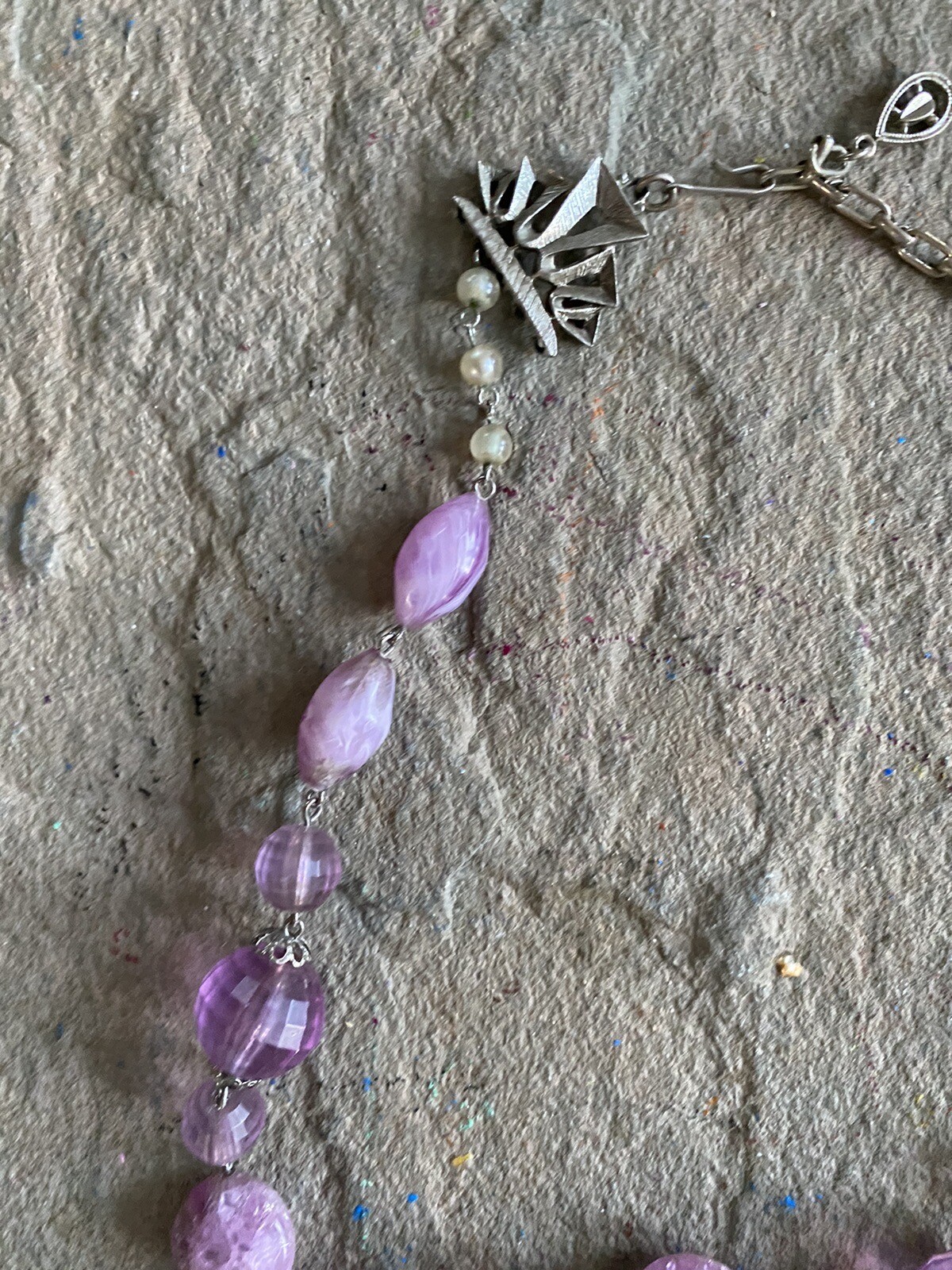 Vintage Necklace Beaded Lavender Lilac Pearl Faceted Silver Tone