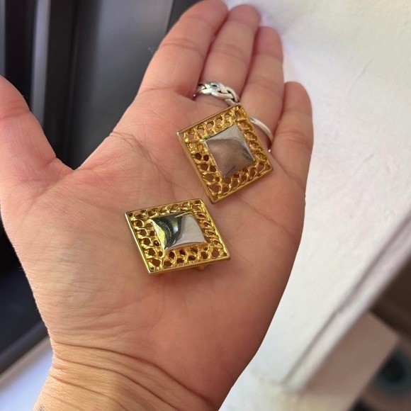 Vintage clip on Square gold and silver earrings