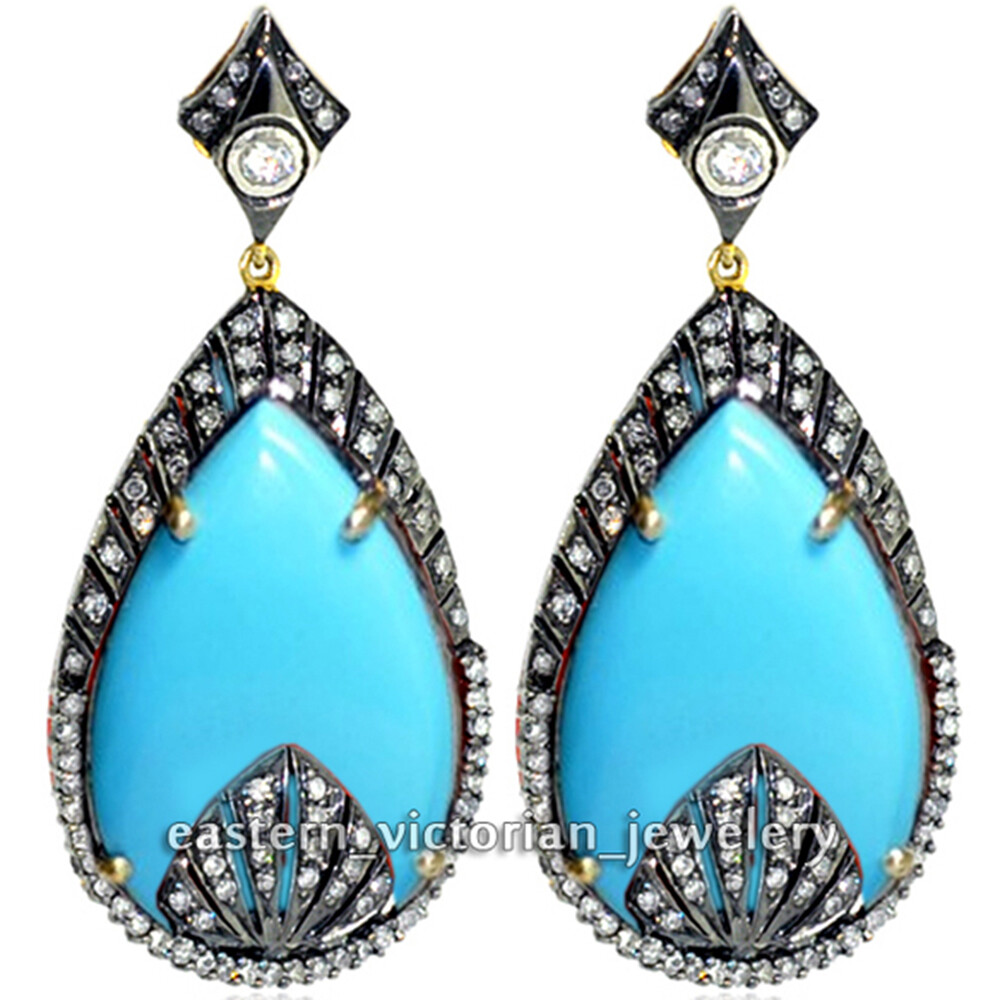 3.40Ct Rose Antique Cut Diamond Turquoise Silver Vintage Amazing Earring Jewelry