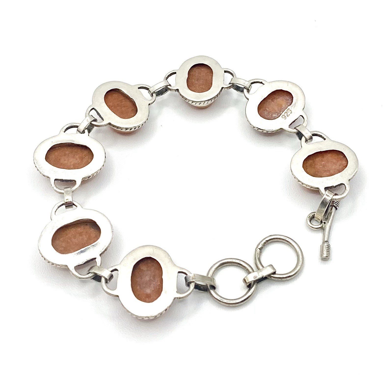 Vintage 925 Sterling Silver Gemstone Scarab Bracelet Toggle Cabochon Nude Pink