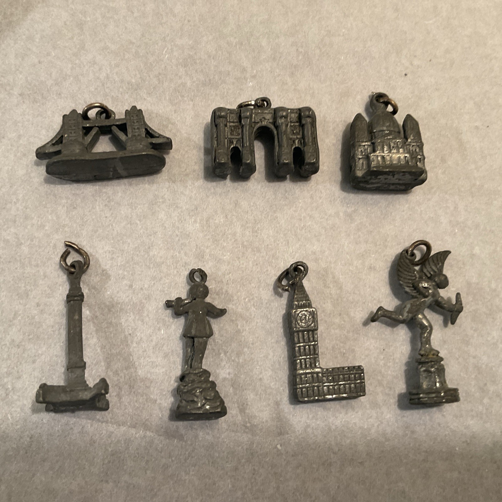 Lot of 7 Vintage Pewter London Landmark Charms 1” Souvenir Miniatures 1950s