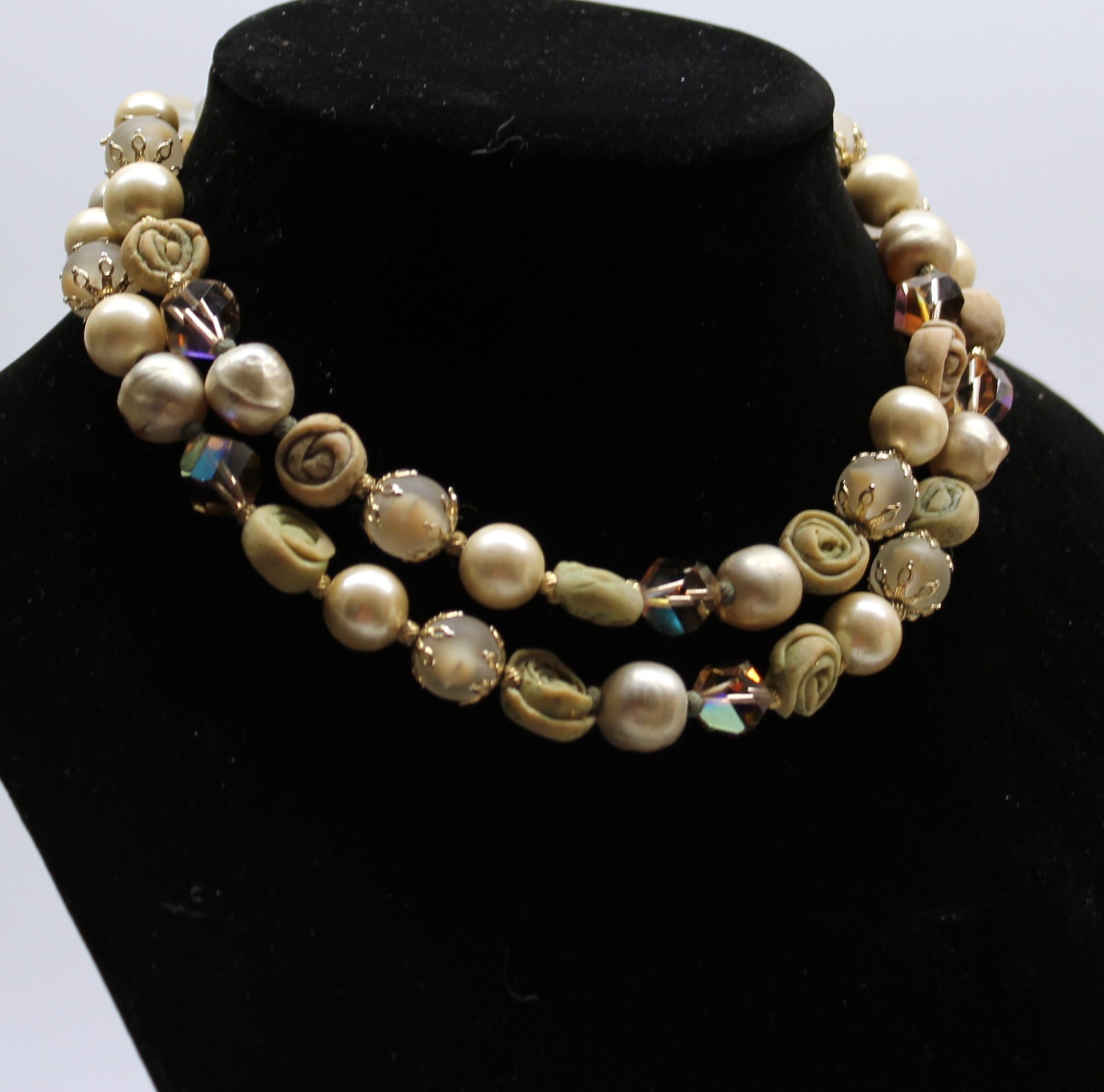 Vtg Vendome Double Strand Mixed Beads Necklace Bicone Polymer Frosted Faux Pearl