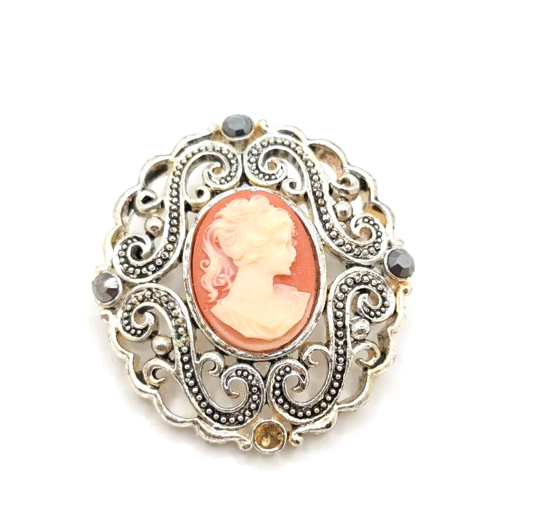 Vintage Cameo Brooch Lapel Pin Aurora Borealis Pink Present Gift For Her