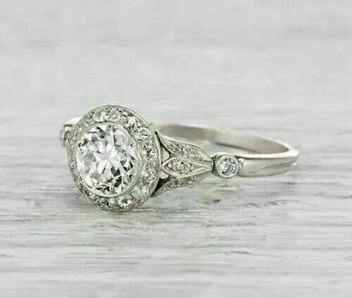 Art Deco Style Round Cut Lab Created Diamond Engagement Ring 14K White Gold FN