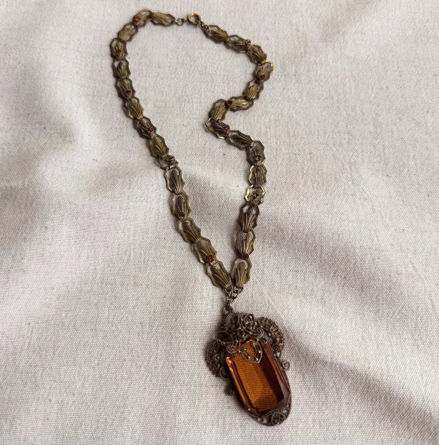 Antique Czech Amber Glass Filigree Pendant Necklace Rhinestone Chain Art Deco