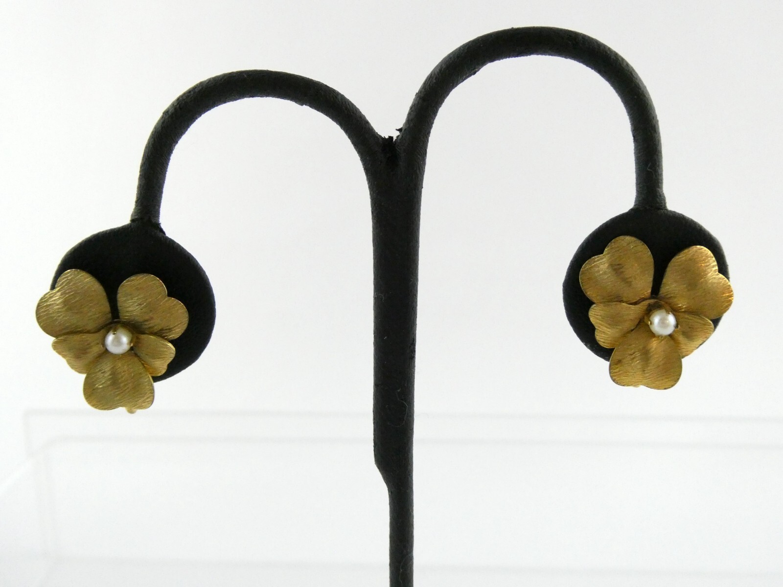 Vtg 1/20th 12k Yellow Gold Filled Screwback Pansy Flower Earrings Faux Pearls