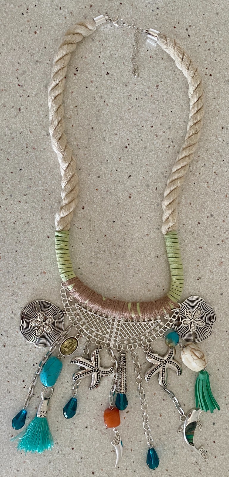 Boho Style Coastal Beach Statement Necklace Silver Tone Bib Bohemian Starfish