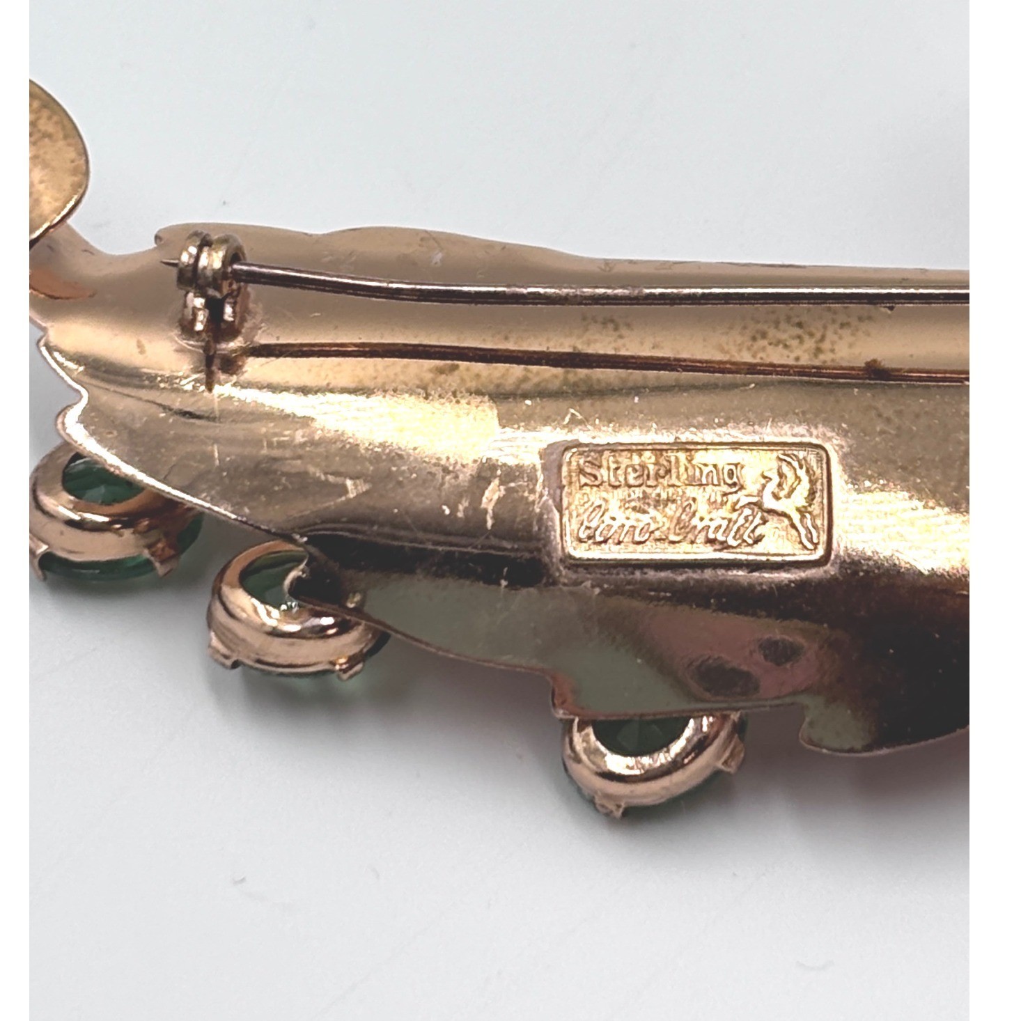 Vintage Coro Pegasus Sterling Silver Rose Gold Vermeil Green Floral Brooch 1940s