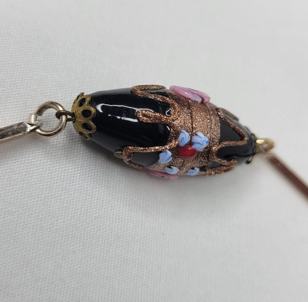 Vintage Venetian Glass Beaded Necklace Black Pink Blue Lampwork Beads Gold Tone