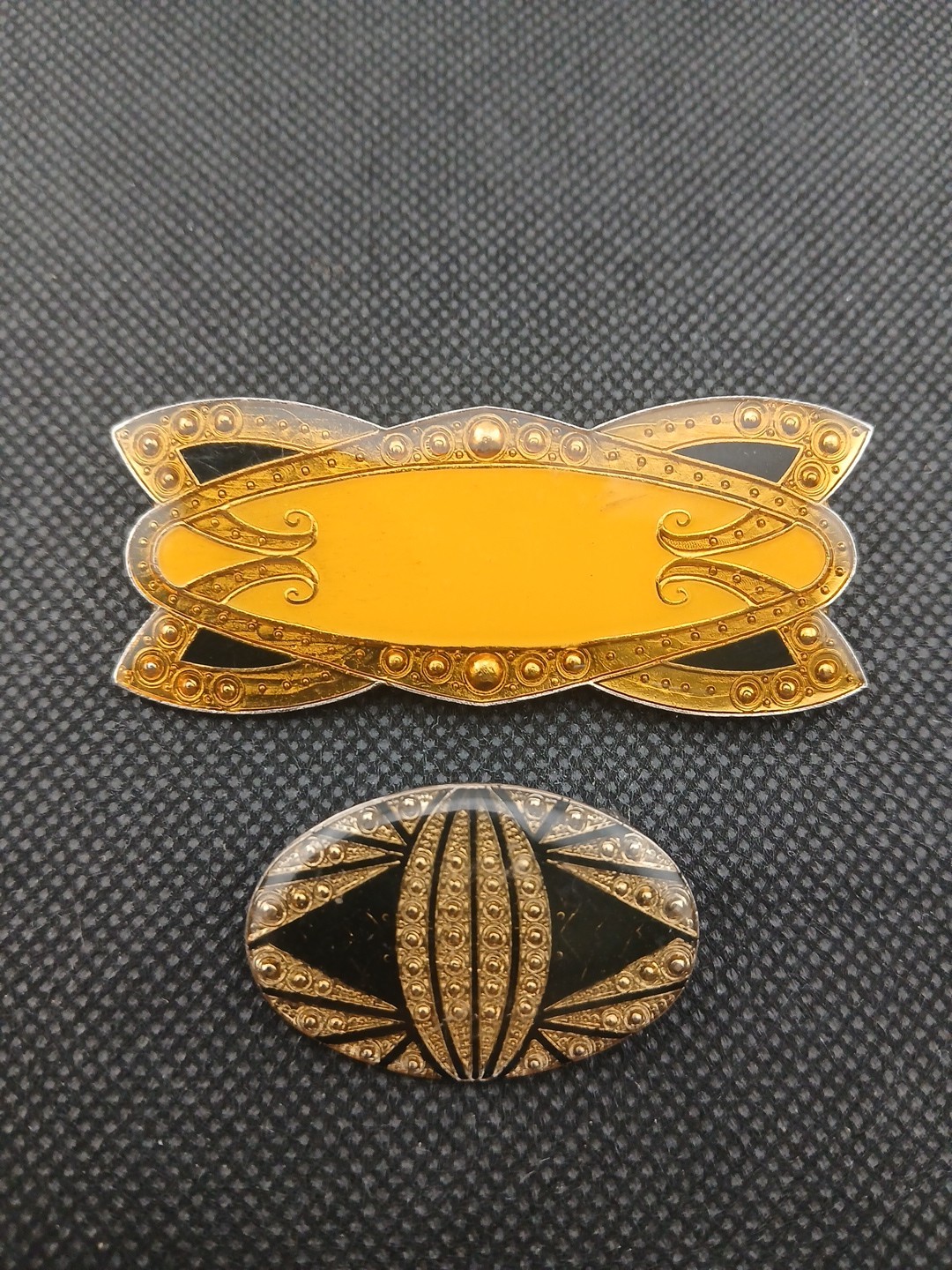 Two 1980s PIERRE BEX Style Art Deco reproduction geometric patterns brooches