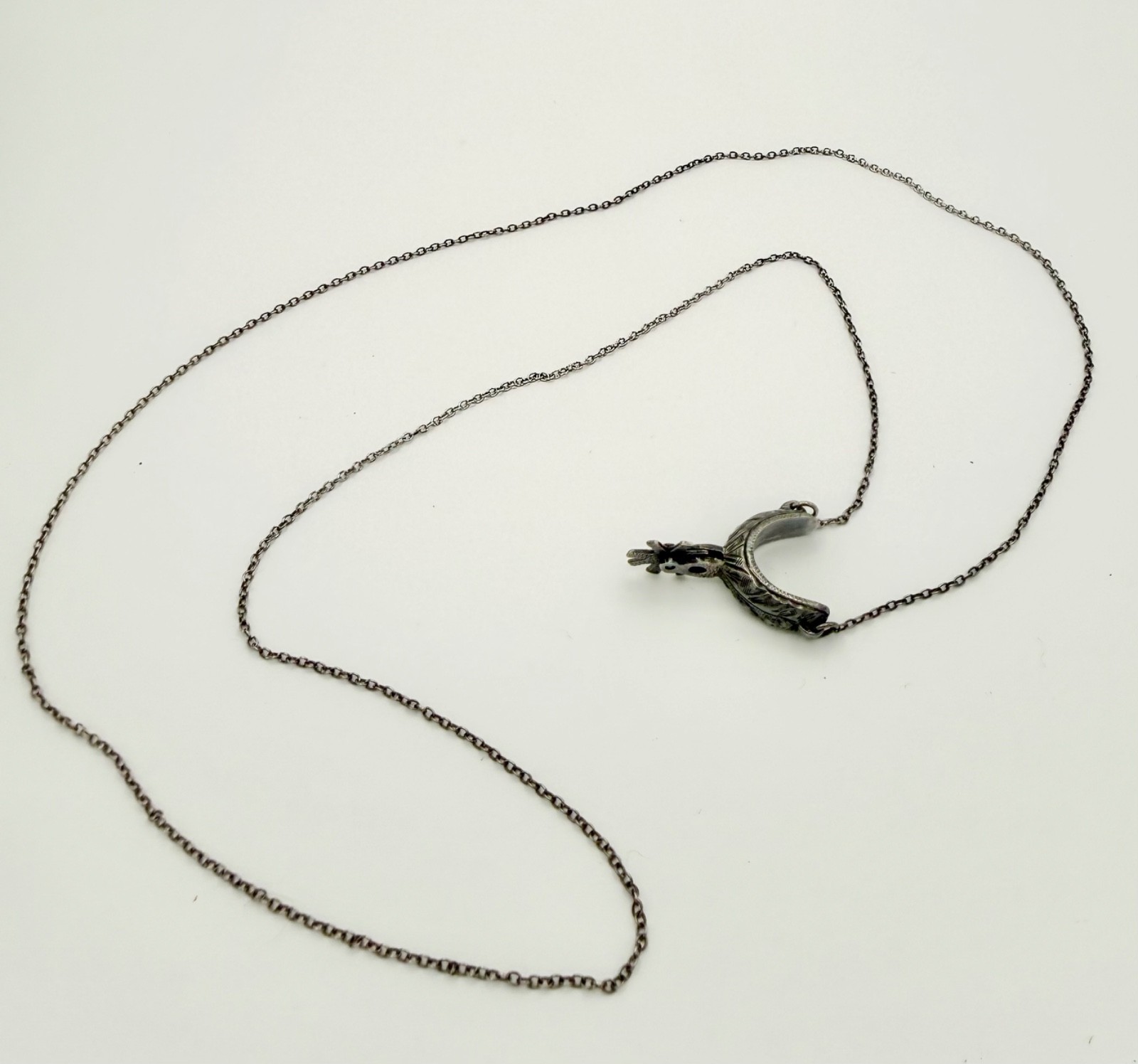 Vintage spinning rowel Western spur pendant necklace 28″Sterling fancy engraving