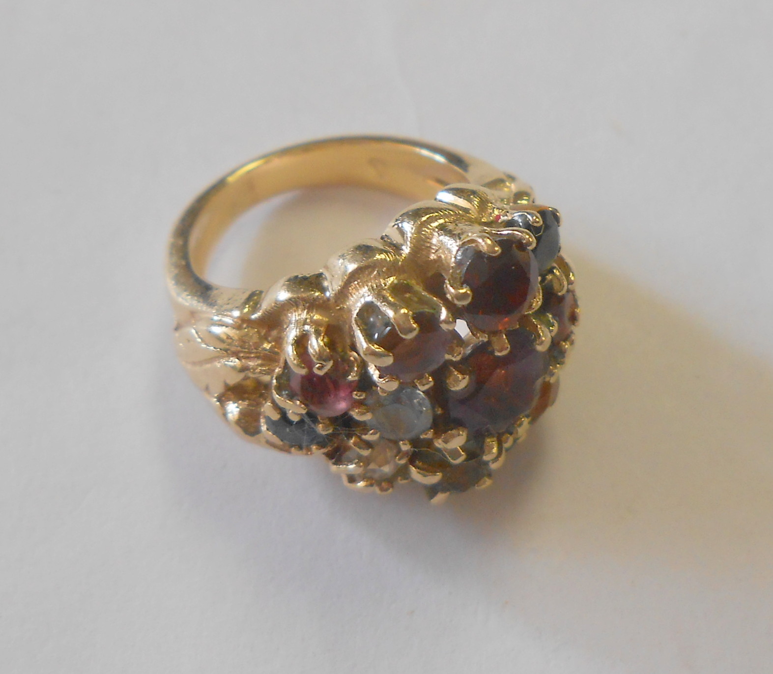 Fruit Salad 14K Gold Multi Stone Ring Diamond Sapphire Topaz Garnet Amethyst