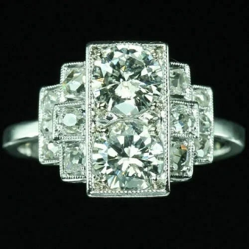 2.80CT Two Stone Art Deco Geometric Cluster Lab Created Diamond Ring 925 Silver