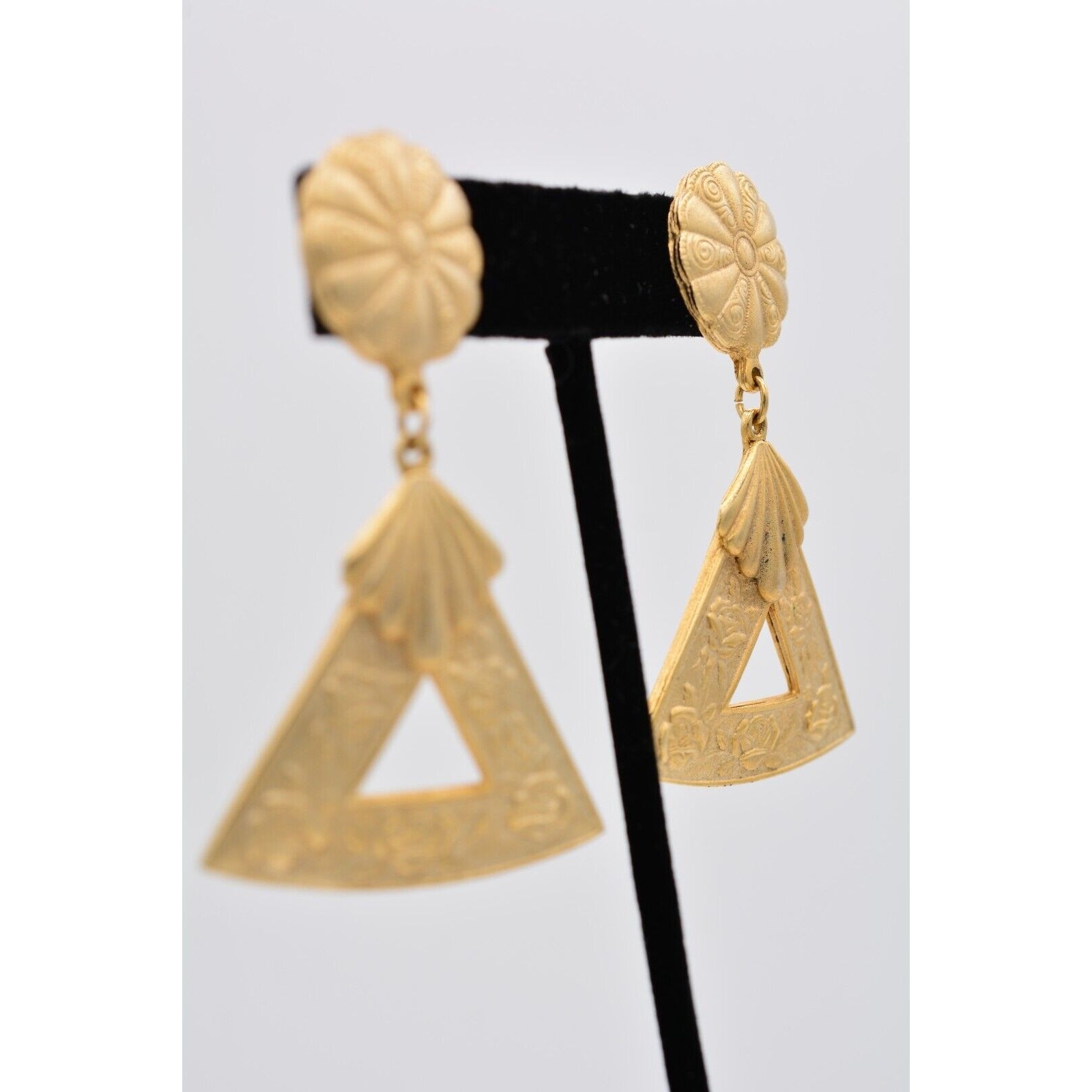 Vintage Statement Dangle Earrings Brushed Gold Floral Heavy Chunky Bold BinAZ