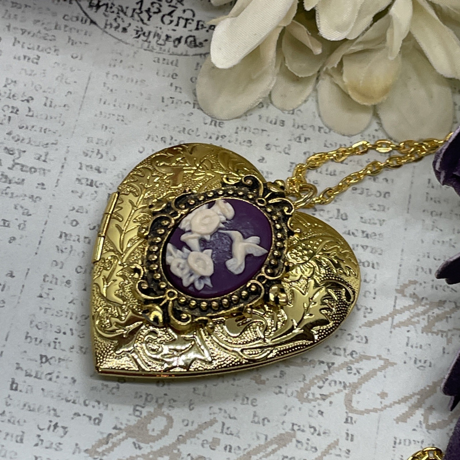 Gold Heart Locket Photo Birthday Anniversary Wedding Hummingbird Bird Necklace