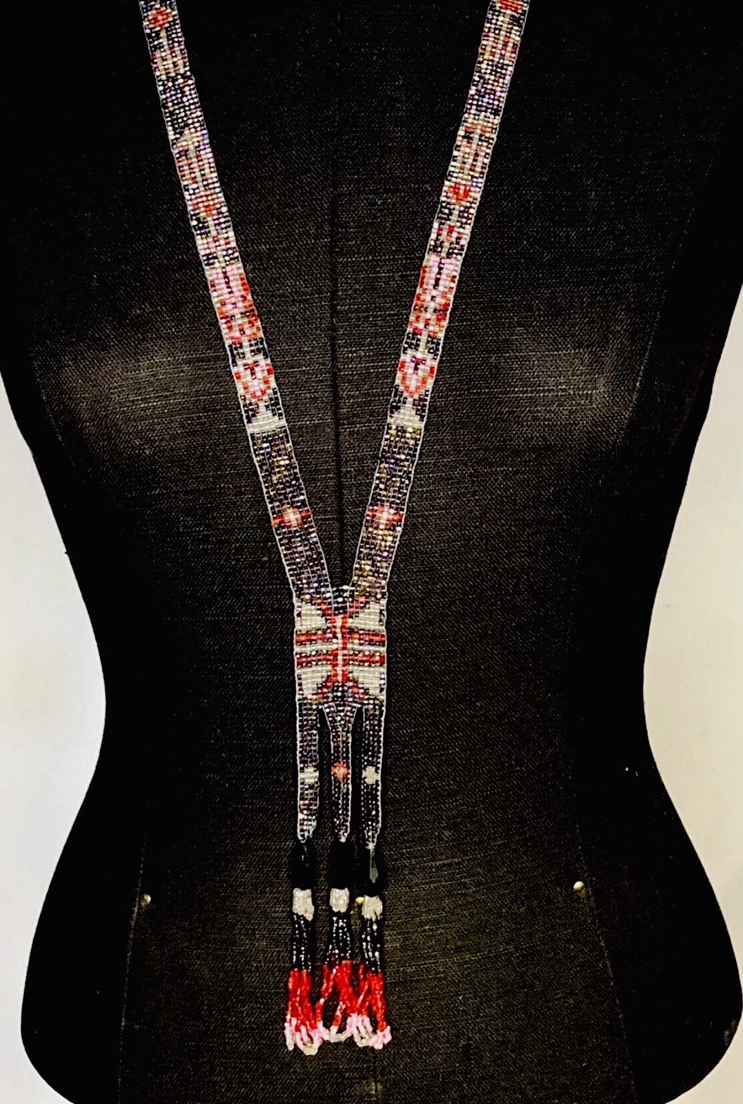 1920s Flapper Deco Sautoir Necklace, Very Good Antique Condition, Ecru/Blue/Pink