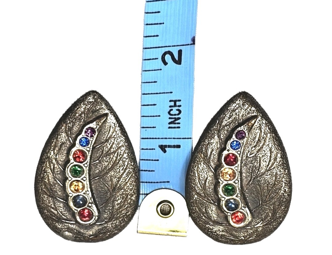 Antique Art Deco Bejeweled Metal Leaf Clip On Earrings | Appr 1.5″L & .75″W