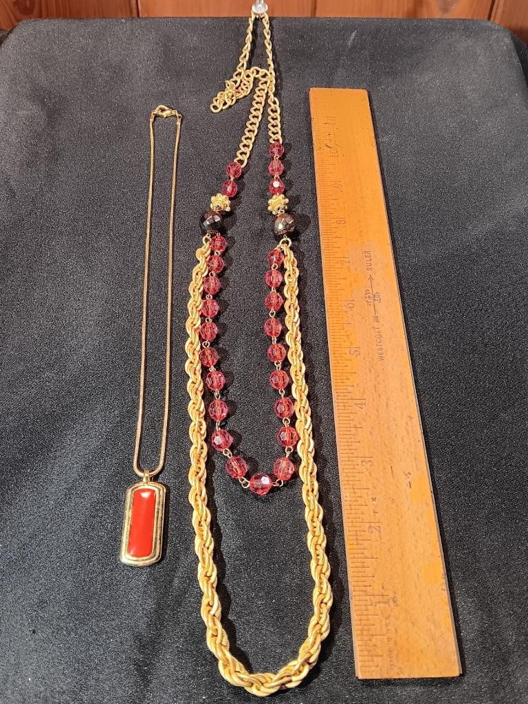 Two Vintage Gold Tone Necklaces Electric Red Pendant & Petal Rouge Bead J18