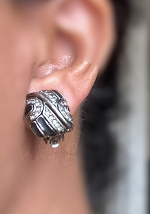 Vintage-Style Silver Black Enamel & Pavé Rhinestone Clip-On Lightweight Earrings
