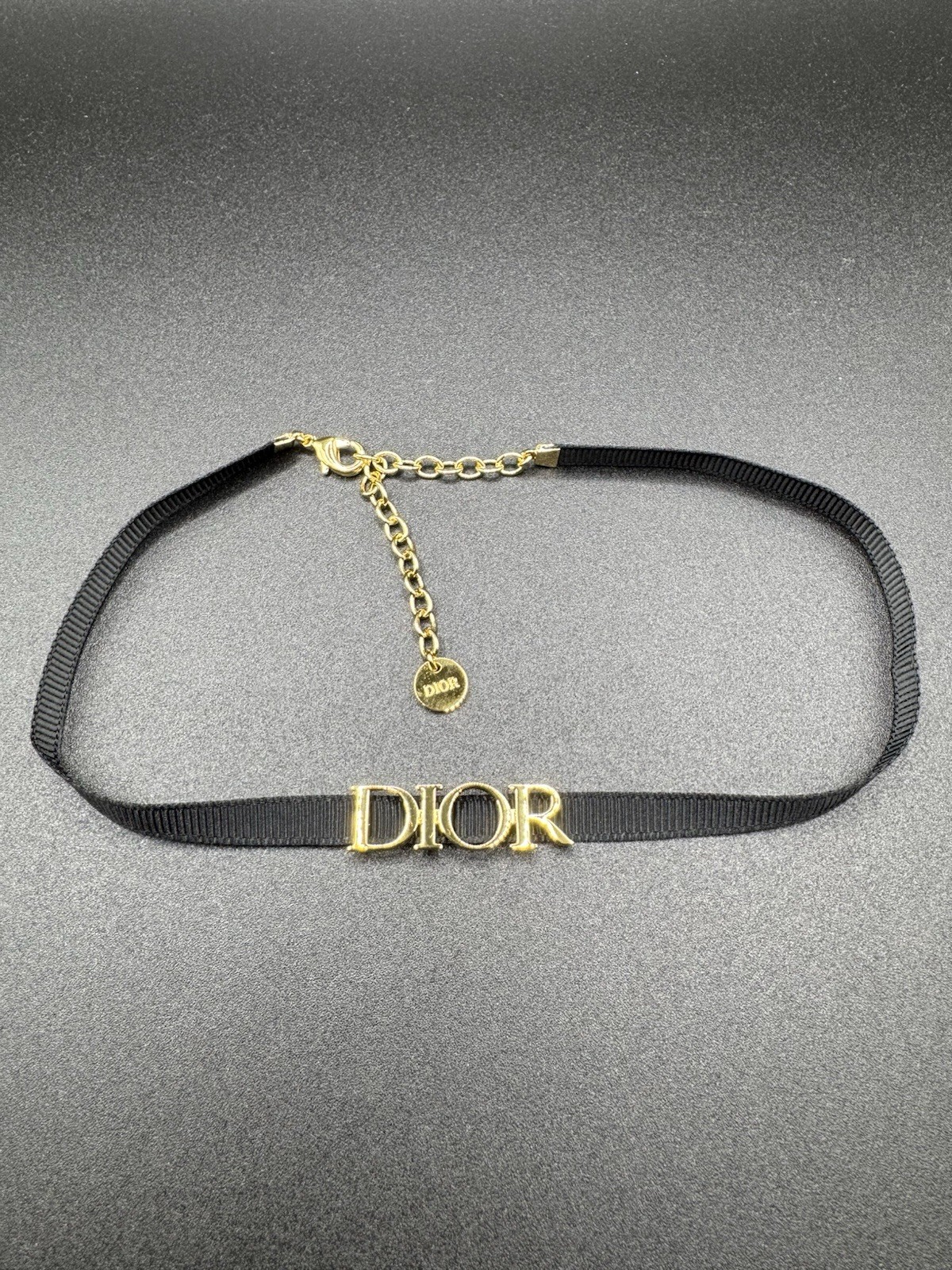 Vintage Christian Dior Black Ribbon Logo Choker Necklace Gold Tone