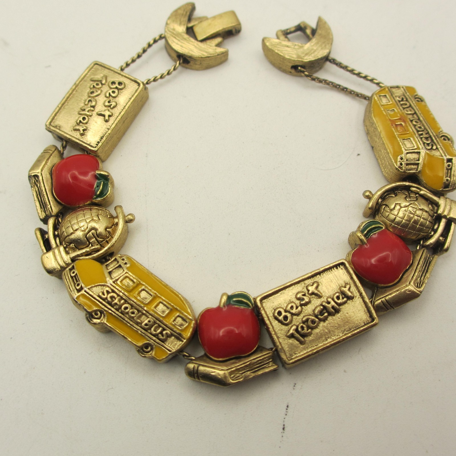 Vintage Slide Charm Bracelet School Bus Globe Apple Book Best Teacher