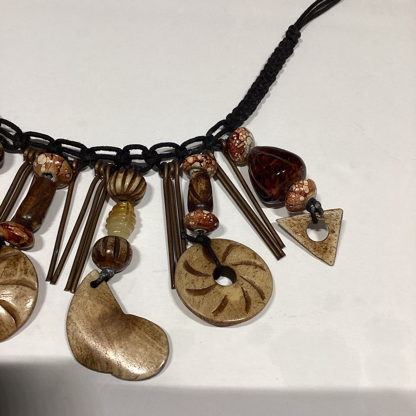 VTG African Rustic Carved Stone Earth Tone Beads Necklace Boho Cottage-core HTF