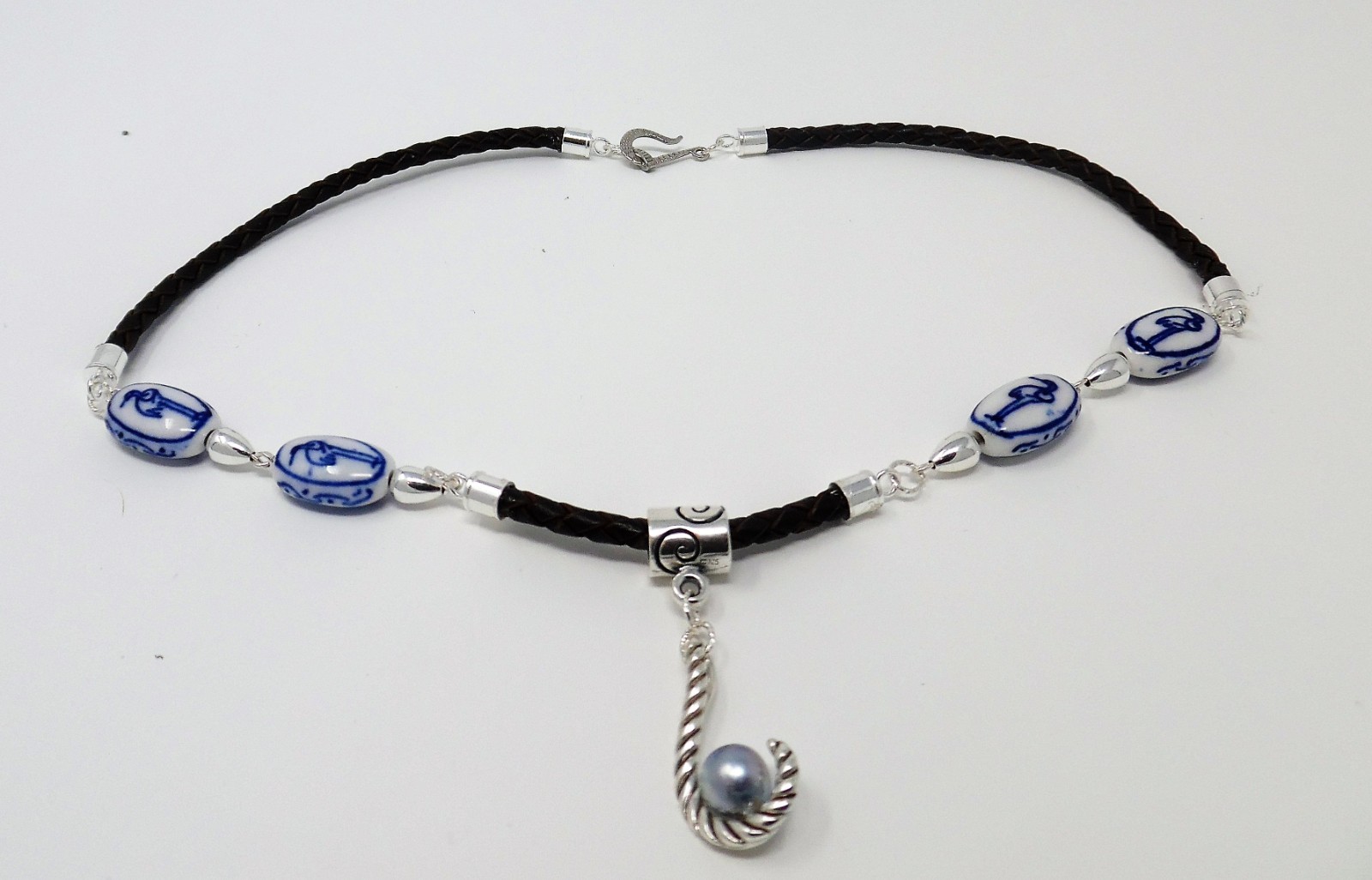 Vintage Japanese Sandpiper Porcelain Handcrafted Blue Akoya Pearl Necklace OOAK