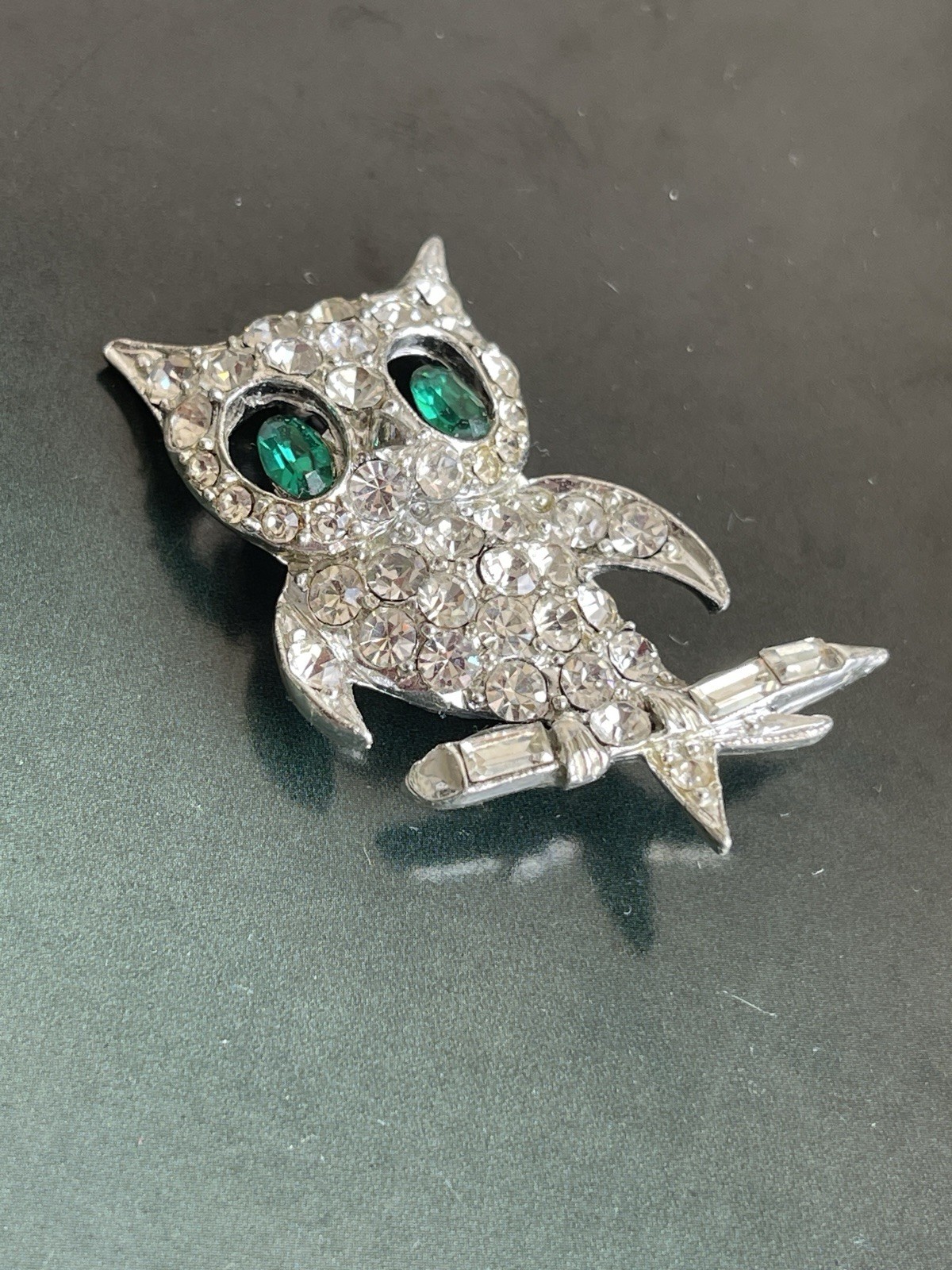Vintage Signed Pell Rhinestone Owl Brooch Pin Bird