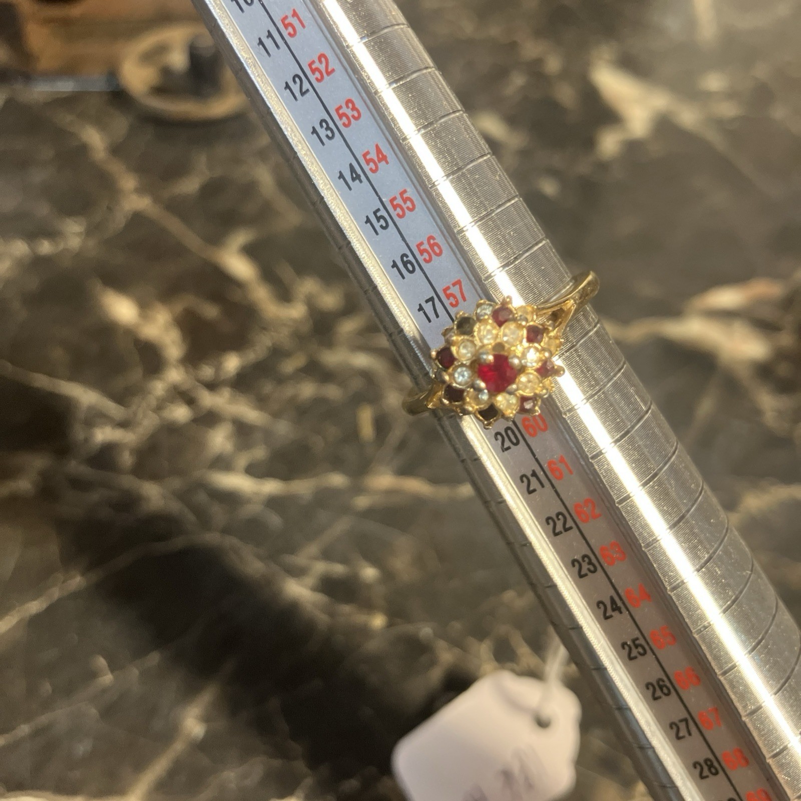Vintage 18K Gold Filled Red & Clear Rhinestone Floral Cluster Ring Sz 8 1/2