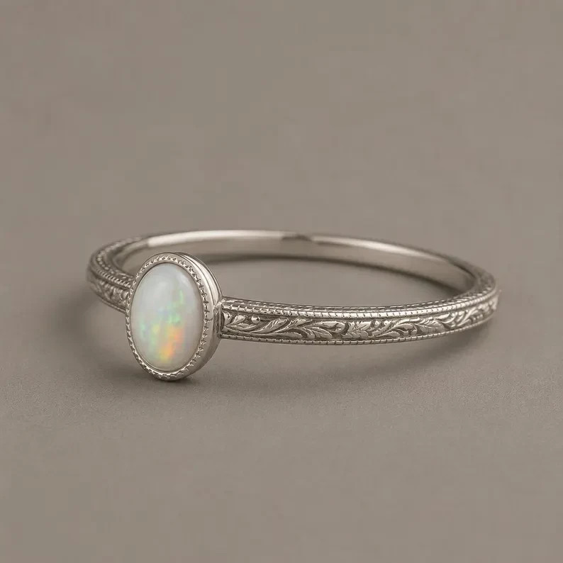 Natural Ethiopian Opal Ring 925 Sterling Silver Minimal Engraved Ring