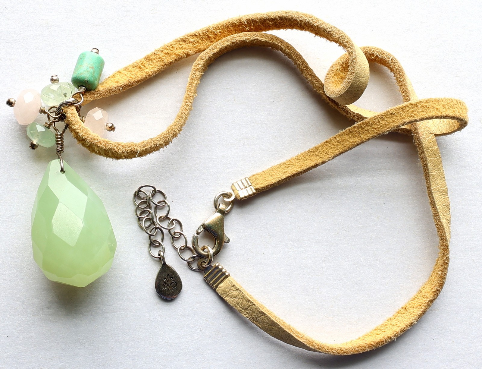 BARSE Sterling Necklace 20″ Suede Green Faceted Pendant Beads .925 Silver VTG