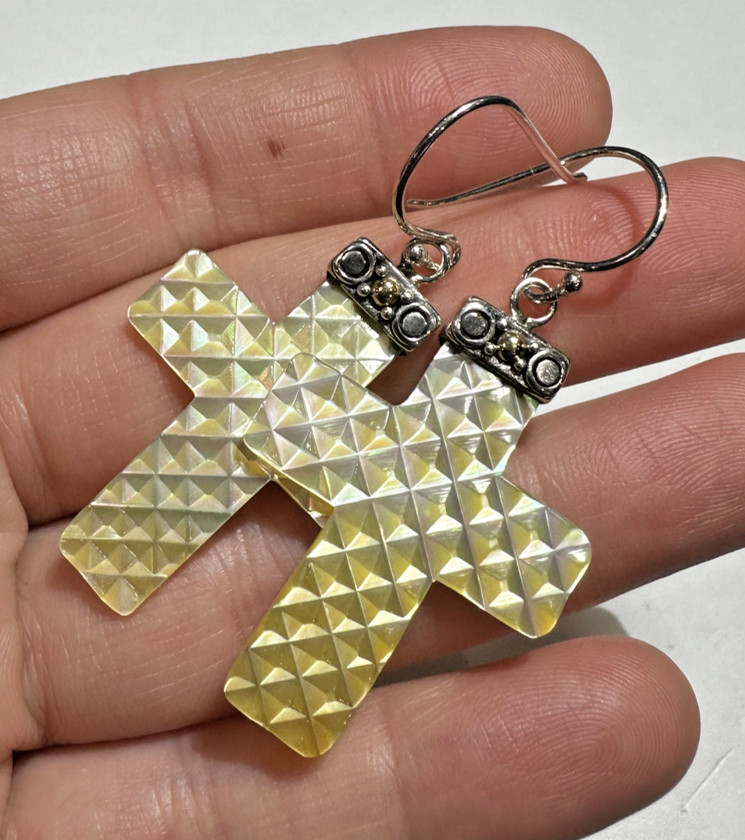 NEW Robert Manse 18k Gold Sterling Silver carved MOP Shell Cross Dangle Earrings