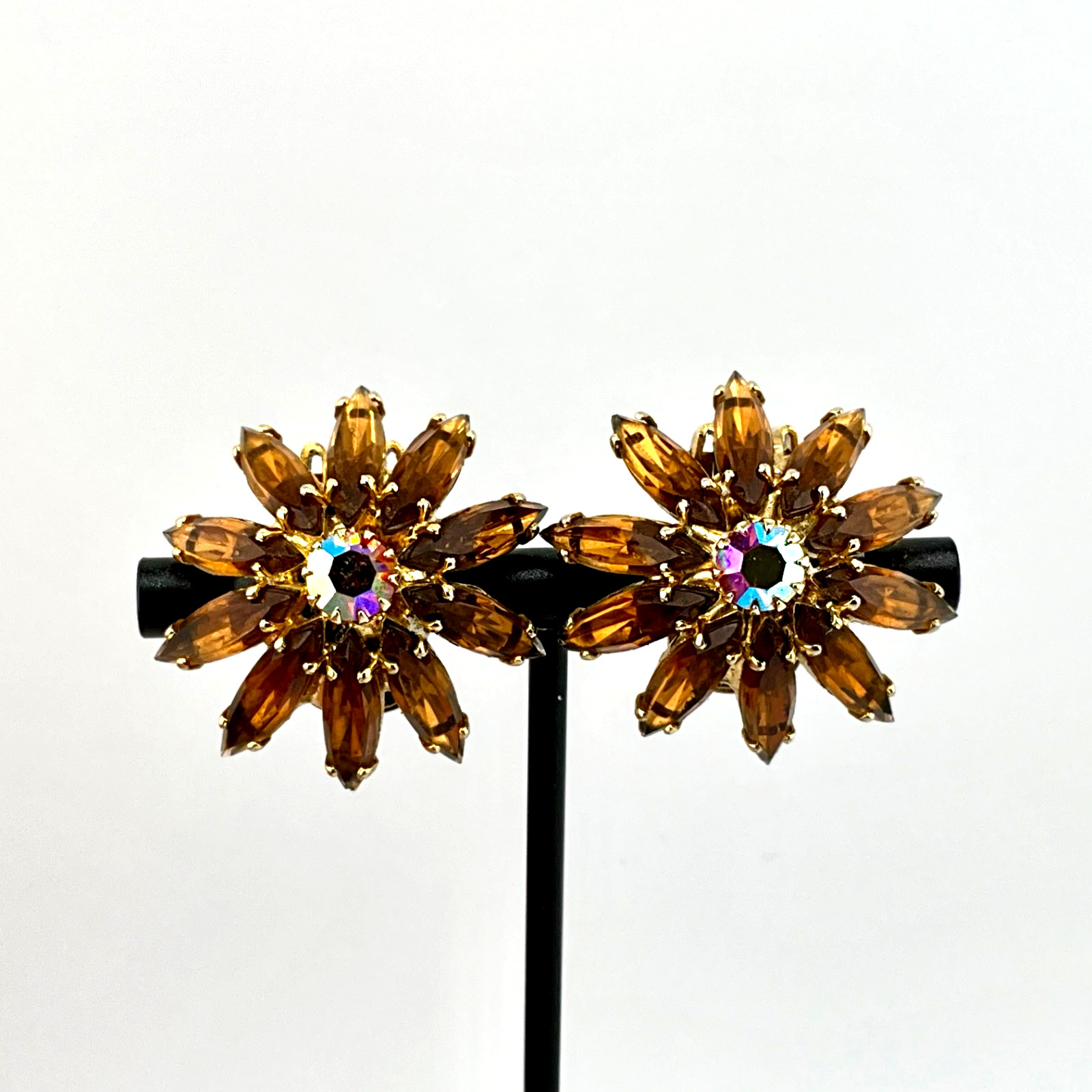 Vintage Mid Century Juliana Clip-On Earrings Navette Domed Amber AB Crystal