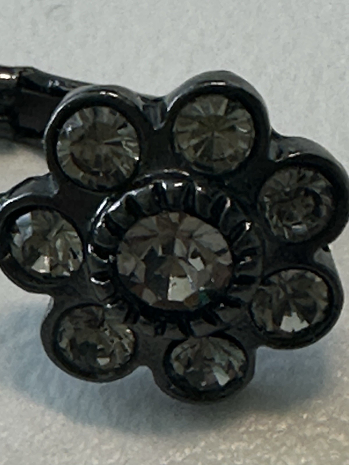 VTG Dark Grey Drop Leverback Earrings W/Crystals in a Floral Shape/Pierced Ears