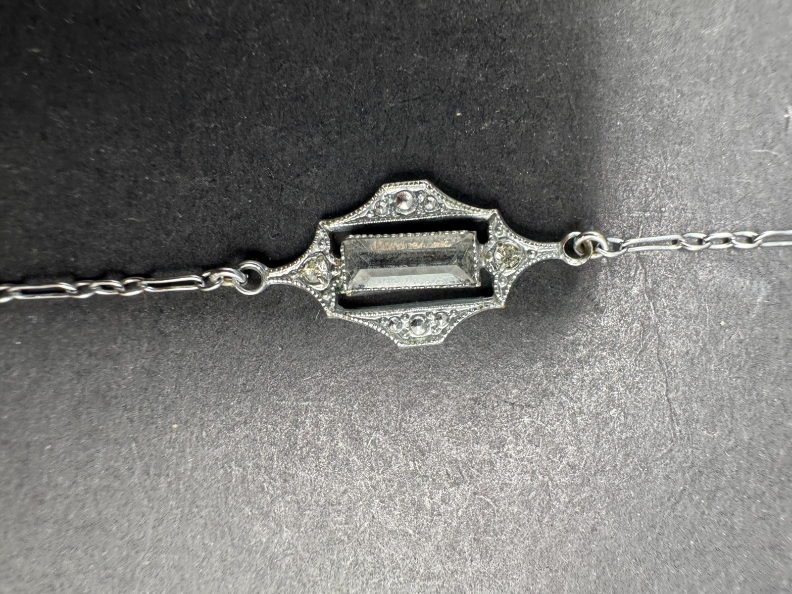 Art Deco Filigree Crystal Chain & Pendant Silver Tone