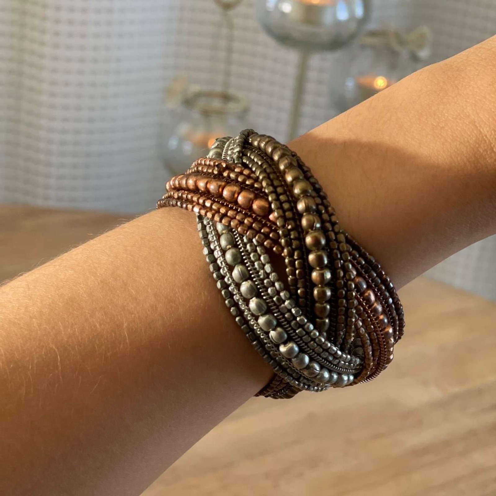 Vintage Boho Bronze Beaded Wrap Cuff Bracelet Multistrand Metal Festival Jewelry