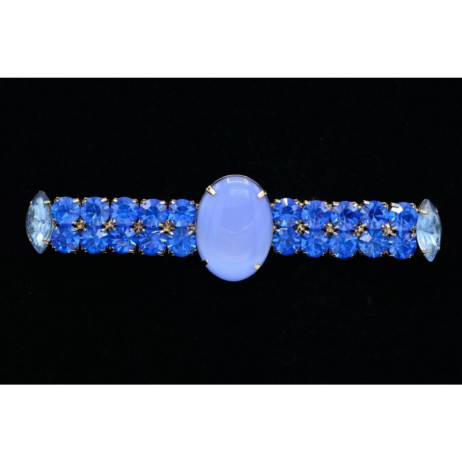 Vintage Cabochon Crystal Pin Brooch Prong Rhinestone Blue Bar Chunky 1980s BinV