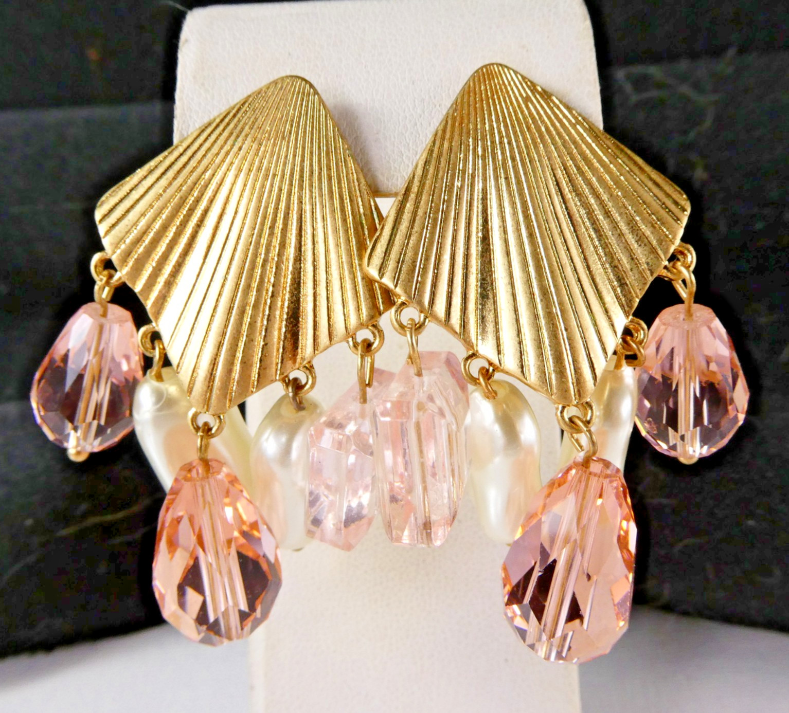 Lovely Chandelier Drop Earrings Pink Glass Crystal & Faux Pearls Gold Tone Post