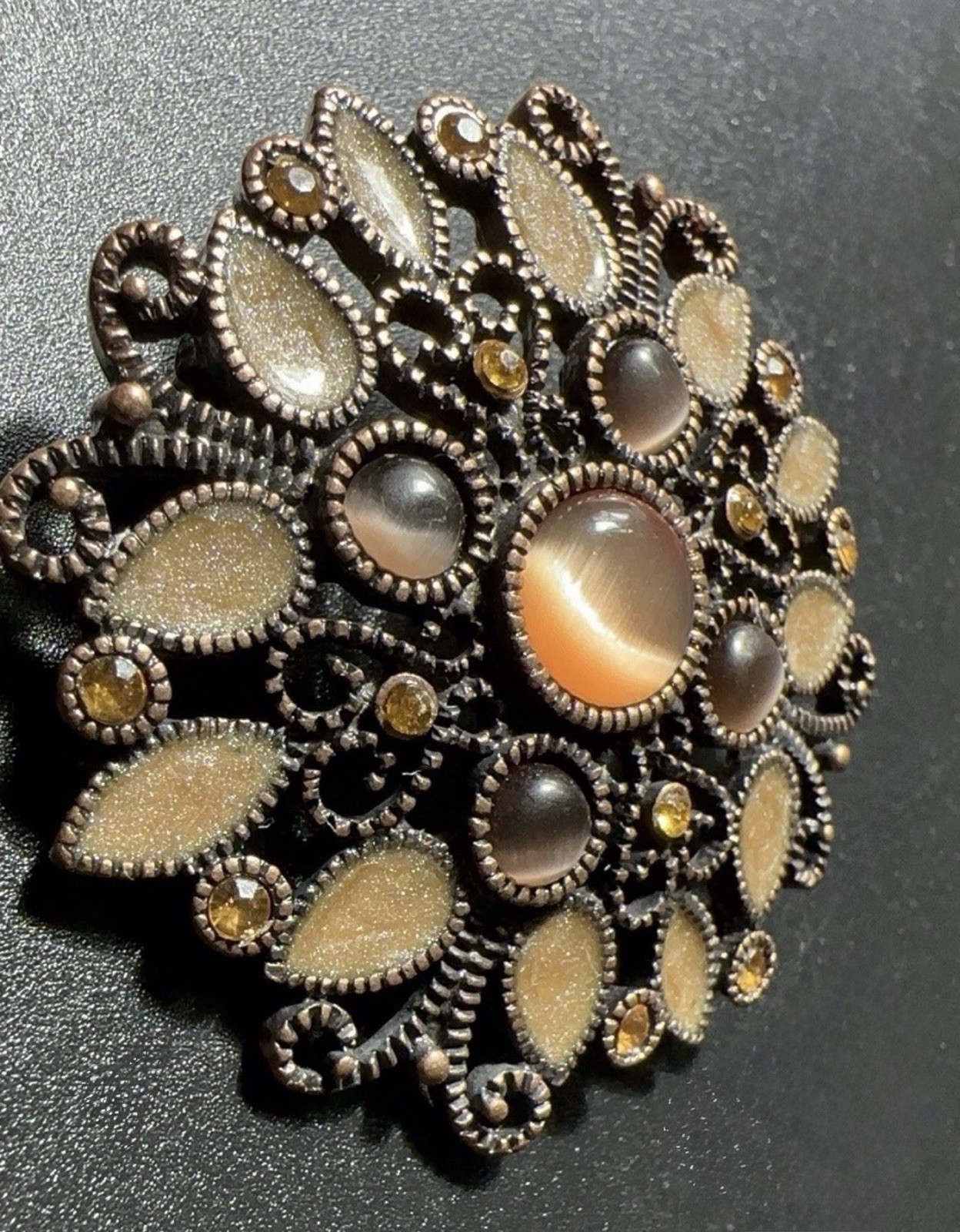 Vintage Bronze Color Cabochons Enamel Filigree Style Domed Brooch