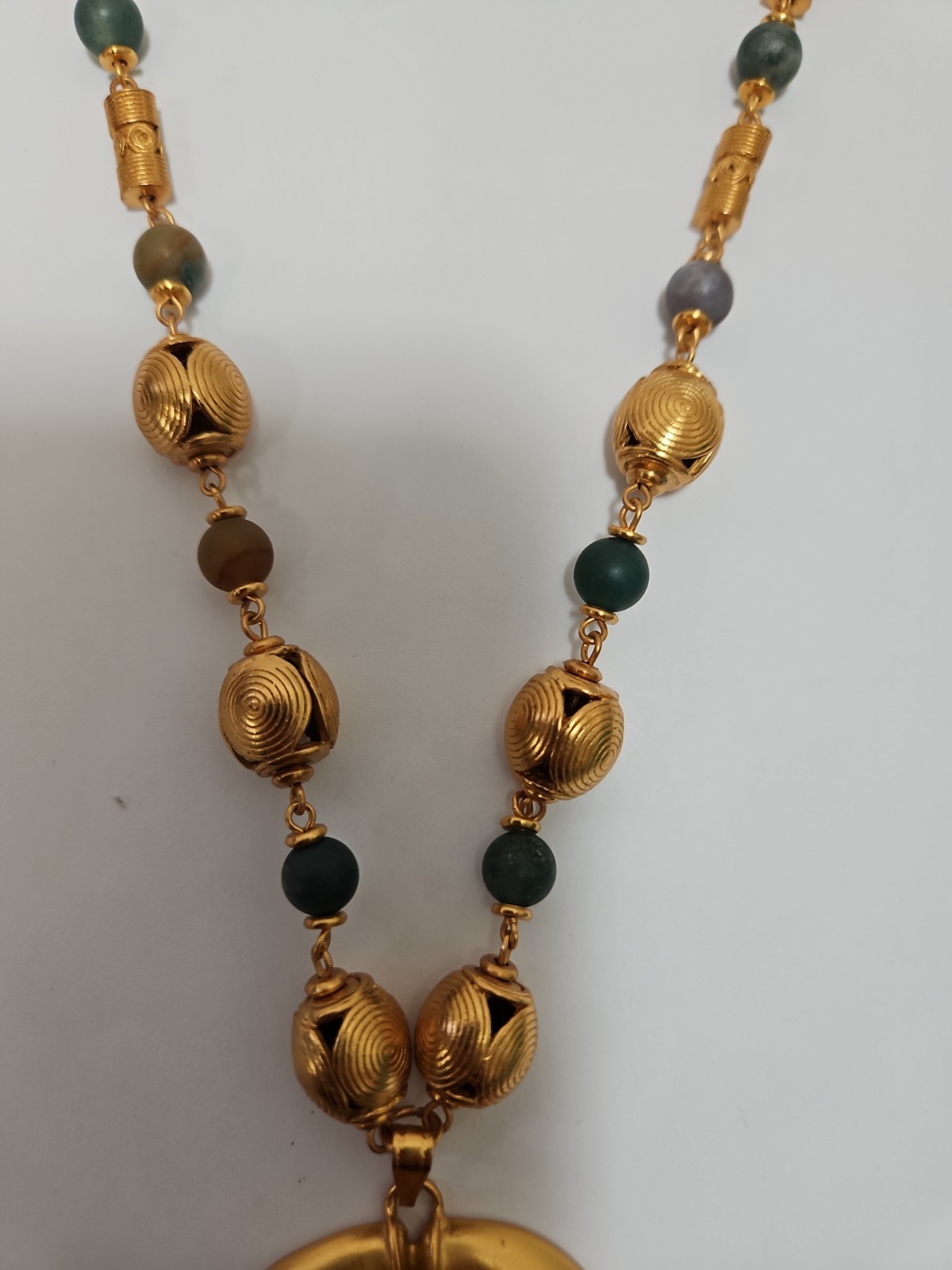 Gold Plated 24k PreColumbian Inca Pendant Necklace & Drop Earrings Set Faux Jade