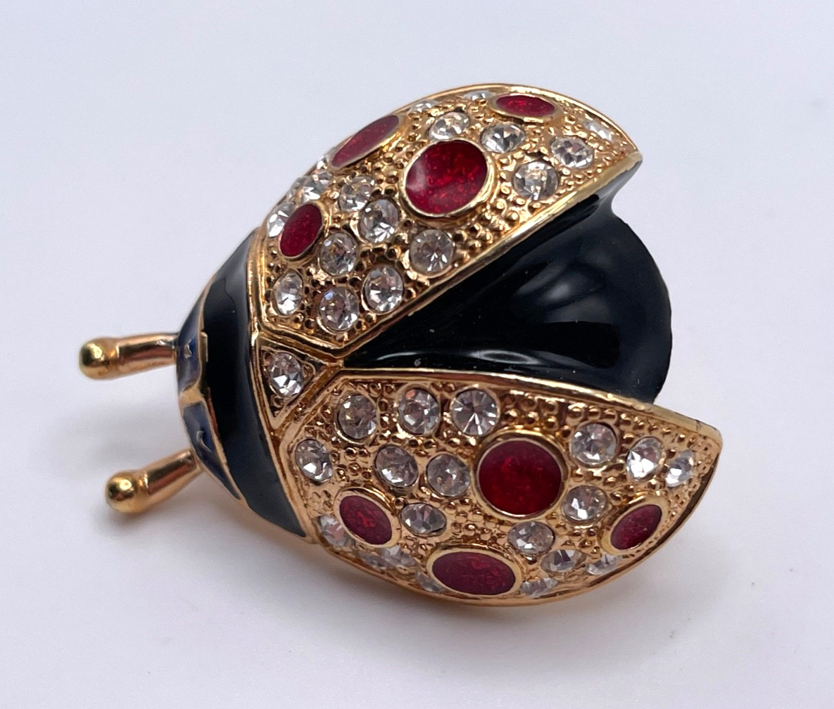Vintage Roman Signed Gold Tone Ladybug Brooch Pin Red Clear Rhinestones Enamel