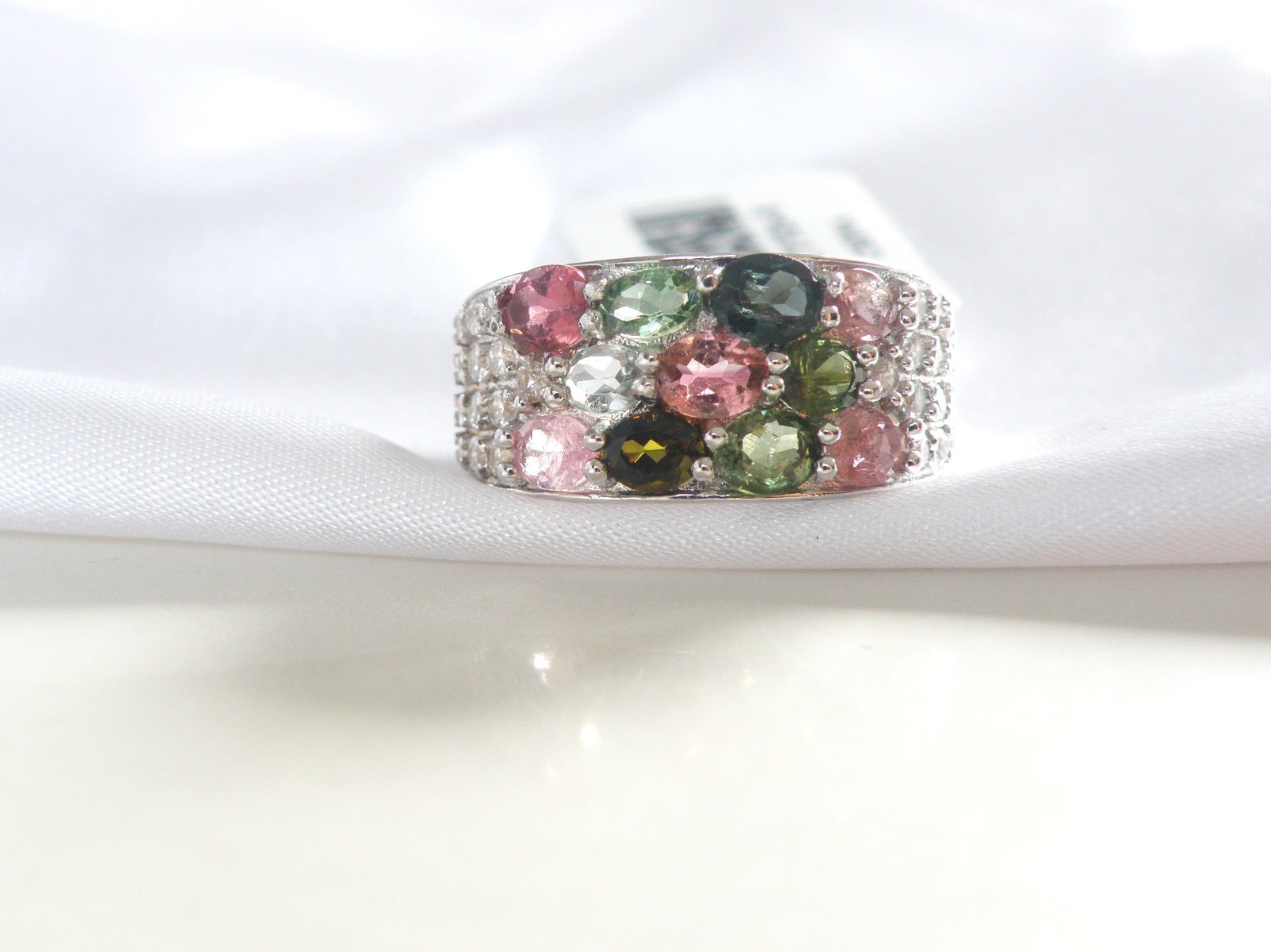 Sterling Silver 925 Multi Row Natural Tourmaline Ring Size 8