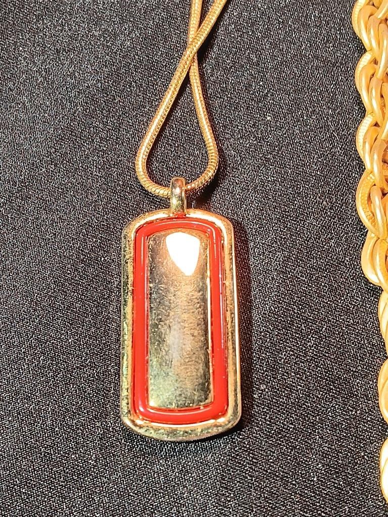 Two Vintage Gold Tone Necklaces Electric Red Pendant & Petal Rouge Bead J18