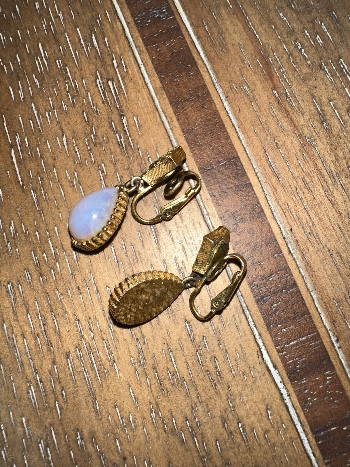 Vintage rare Crown Trifari Pave Rhinestones & Faux Opal Dangle Clip Earrings